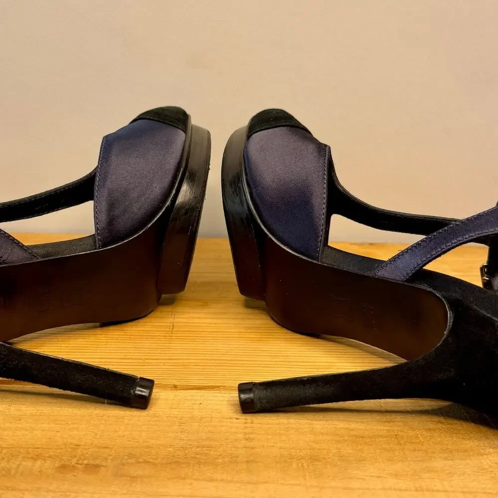 Tory Burch Mandy Women Blue Suede Satin Platform Stiletto Shoe Size 7.5